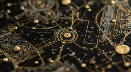 An overhead view reveals a detailed map-like design featuring gold-colored intricate lines and circles set against a dark background. The composition suggests an artistic and possibly conceptual representation. This image could be used for various purposes including design, illustration, and creating visual content for editorial or commercial projects.の素材