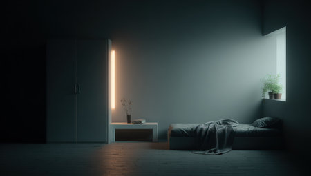 This image presents a minimalist bedroom scene with a bed, table and plants near a window. The room is bathed in natural light, enhancing the simple composition. The muted color palette of the image suggests a calm and serene atmosphere. It's suitable for various design, lifestyle, and conceptual commercial projects.の素材