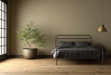 This image presents a modern bedroom interior featuring a bed, a potted plant, and a large window. The scene is illuminated by natural light, enhancing the warm tones of the wooden floor and wall. It could be used in design projects, lifestyle articles, or visual marketing materials.の素材