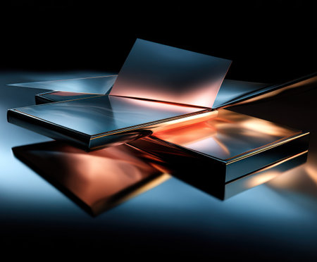 This image features several metallic square objects arranged in a dynamic composition. The surfaces exhibit high reflectivity, reflecting light and creating highlights. The colors are primarily cool tones with warm accent hues, suggesting a play of light and shadow. The design could be used for various commercial projects related to technology or design.の素材
