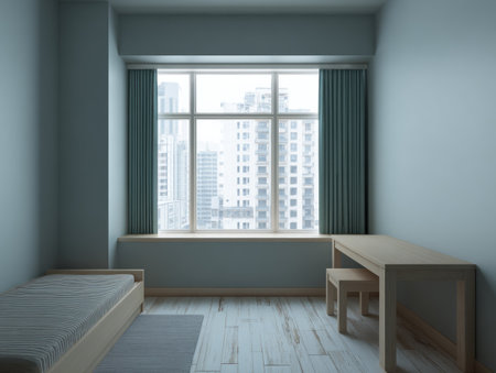 An interior space features a bed, desk, and a large window overlooking a city. The room exhibits a muted color palette with soft lighting, highlighting the minimalist style. This composition is suitable for various commercial uses, including website design, advertising, and editorial content.の素材
