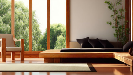 An interior space features wooden furniture and large windows framing a view of greenery. The scene presents a clean, minimalist style with natural light enhancing the warm tones of the wood. This composition lends itself to various commercial applications, including home decor and lifestyle themes.の素材