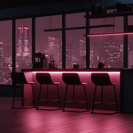 This image showcases a modern bar interior with a panoramic city view. The scene is dominated by a sleek counter and stylish chairs, bathed in a soft pink neon glow. The composition features a symmetrical arrangement, with the cityscape providing a dramatic backdrop, suitable for commercial projects or editorial use.の素材