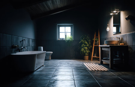 A dimly lit bathroom interior is shown, featuring a bathtub, toilet, and sink. The walls are dark with a window and a ladder. Green plants and wooden elements bring contrast to the scene. This image could be used for architectural, lifestyle, or design purposes.の素材