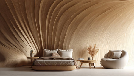 This image features a modern bedroom design, characterized by an abstract wooden wall and minimalist furnishings. The color palette consists of neutral tones, offering a sense of calm and sophistication. The composition, featuring a bed, chair, and side table, suggests a peaceful, relaxing atmosphere. It could be suitable for interior design projects or editorial publications.の素材