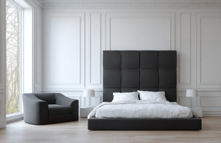 A contemporary bedroom scene features a bed with dark headboard, flanked by white lamps and a comfortable armchair. The room is styled in neutral tones, highlighted by natural light from a window and clean lines. This image suits various commercial applications, including interior design and lifestyle themes.の素材