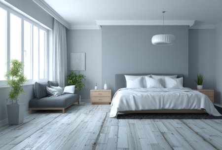 A spacious bedroom features a large bed with white bedding, a comfortable sofa, and a large window. The room is painted in neutral tones with light wooden flooring, and a decorative lamp hangs from the ceiling. Suitable for illustrating various concepts such as home decor and interior design.の素材