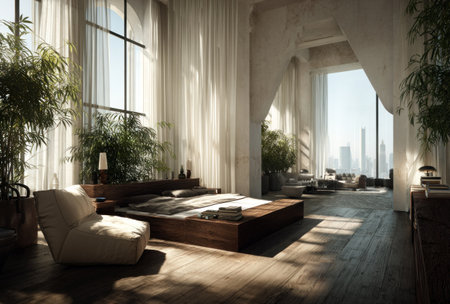 This image showcases a modern bedroom with large windows overlooking a city skyline. The interior features a minimalist design with wooden furniture, natural light, and indoor plants. The soft textures and neutral color palette create a calm ambiance, making it suitable for various commercial uses.の素材