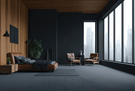This interior showcases a contemporary bedroom design featuring a dark color palette. The room is characterized by wooden wall panels, a leather bed, and large windows that offer views. The composition highlights the play of light and shadow, potentially suitable for advertising or architectural concepts. The interior suggests a sense of luxury and comfort.の素材