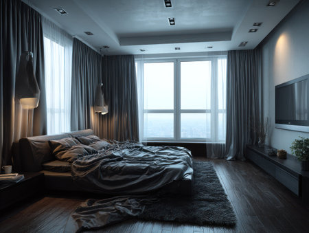 A contemporary bedroom showcases a large bed and soft lighting. The scene features dark curtains, wooden flooring, and a large window. The neutral tones and textures suggest a relaxing atmosphere. Suitable for use in lifestyle publications, interior design projects, or creating promotional materials.の素材