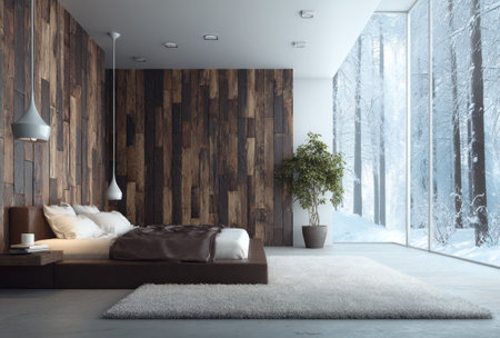 A contemporary bedroom showcases a wooden accent wall, complemented by neutral tones in bedding and flooring. The scene features a large window with a view of a snowy landscape and natural light. This image could be used for architectural visualization, interior design concepts, or general lifestyle publications.の素材