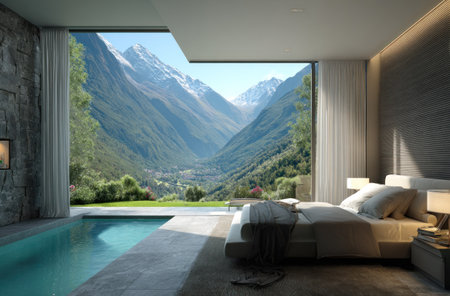 An interior shot features a bedroom with a large window framing a mountain vista and a pool. The scene exhibits modern architectural style with neutral tones and natural light. It could be used for illustrating concepts of comfort, luxury, or serene living. Potential applications include lifestyle, travel, or real estate marketing.の素材