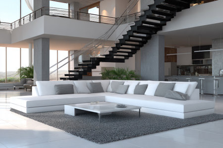 A contemporary interior showcases a large white sectional sofa, a glass-topped coffee table, and a staircase. The scene is illuminated by natural light, creating a bright and airy atmosphere. Suitable for architectural, real estate, or lifestyle editorial and commercial usage.の素材