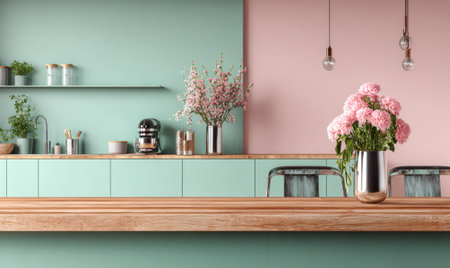 A contemporary kitchen showcases a wooden countertop and pastel green and pink walls. Floral arrangements and minimalist design elements highlight the space. Overhead lighting illuminates the scene, suggesting a bright and inviting environment. Suitable for interior design and lifestyle publications.の素材