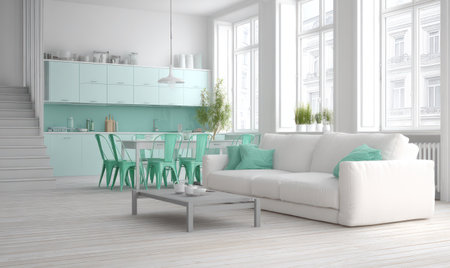 This image showcases a modern interior design featuring a living space connected to a kitchen area. The composition highlights pastel color schemes with white walls and furniture, accentuated by bright natural sunlight coming through large windows. The overall style suggests a minimalist and airy environment, suitable for various design and lifestyle applications.の素材