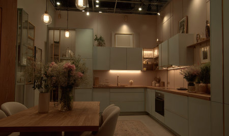 This interior showcases a modern kitchen and dining area. Soft lighting illuminates the space, highlighting the cabinets, countertops, and wooden dining table. Floral arrangements add a touch of color. This image could be used for various commercial projects related to home design or lifestyle content.の素材