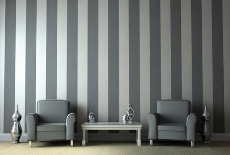 Two armchairs and a table stand before a vertically striped wall in this interior shot. The scene features neutral colors, with grey and white dominating, and is well lit. Decorative elements, like vases, add detail to the minimalist composition. This image suits various uses like website backgrounds or commercial design.の素材