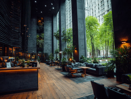 An interior space displays a contemporary design with a blend of architectural elements and natural features. The scene features dark tones, wooden floors, and contrasting green vegetation. It's likely within a public area with potential applications for design, architectural or editorial use.の素材