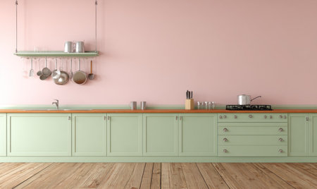 This image showcases a modern kitchen interior with pastel color scheme, featuring green cabinets and a pink wall. Wooden flooring adds warmth, while the minimalist design is highlighted by a simple shelf and hanging cookware. The setting suggests a clean and inviting space suitable for various commercial or editorial applications.の素材