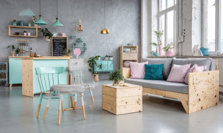 This image showcases a modern living room featuring wooden furniture. The room is decorated in a contemporary style, with various decorative elements and plants enhancing the overall aesthetic. It presents a visually appealing interior space, suitable for illustrating concepts related to home decor and lifestyle.の素材