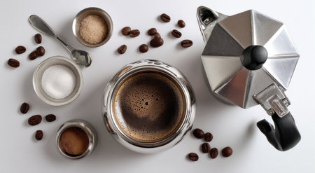 An overhead view reveals a freshly brewed coffee in a metal cup, complemented by sugar, coffee beans, and a classic coffee maker. The bright, neutral background enhances the details of the objects. This image could be used for culinary projects, product displays, or editorial content.の素材