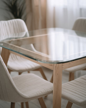 An inviting dining area features a transparent glass-top table surrounded by fabric-covered chairs. The neutral color scheme is complemented by natural light filtering through sheer curtains. The composition and minimalist design lend this image to various commercial applications, including home decor and interior design projects.の素材