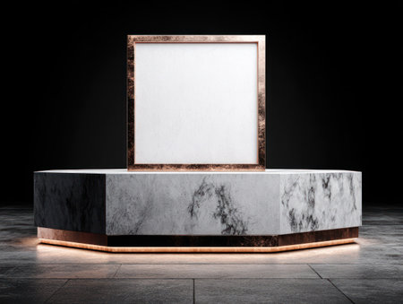 An empty frame sits on a multi-faceted platform. The structure features marble-like texture and warm illumination, providing a clean display backdrop. This studio environment suggests possibilities for showcasing products or concepts, ideal for commercial visual content and promotional materials.の素材