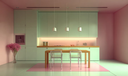 A contemporary kitchen showcases a minimalist design with a pastel color palette. The scene features a wooden dining table with transparent chairs and overhead lighting. The composition emphasizes clean lines and a sense of openness, suitable for design concepts and interior visuals. This image can be used for commercial and editorial purposes.の素材