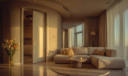 This interior image showcases a modern living room featuring a curved wall design and a comfortable sofa. The scene is bathed in warm natural light, enhancing the soft textures of the furnishings. The composition offers ample copy space, making it suitable for various commercial applications and design concepts.の素材