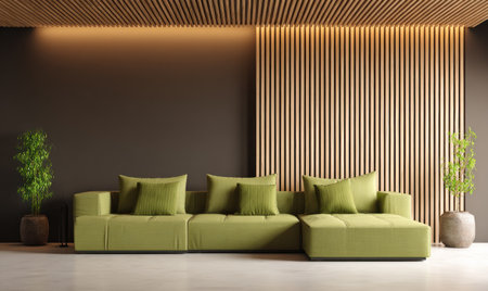 A contemporary living space features a green modular sofa against a backdrop of dark walls and vertical wooden panels. The room is enhanced by the warm glow of ambient lighting. This interior scene, with its clean lines and minimalist aesthetic, could be suitable for various design, lifestyle, or commercial applications.の素材