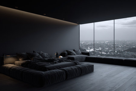 A dark, modern bedroom interior showcases a large bed and seating area. The image reveals a cityscape through expansive windows, with low lighting and dark tones creating a sense of calm. The composition focuses on architectural design, with potential uses in interior design, lifestyle, or architectural projects.の素材