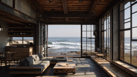 A spacious living room features a modern industrial design with large windows offering a breathtaking ocean view. The scene is illuminated by natural light, highlighting the textures of wood and concrete. Suitable for architectural, interior design, or lifestyle publications and commercial projects.の素材