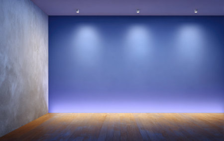 An interior space showcases a blue wall, complemented by a wooden floor and a textured wall on the side. Overhead lights illuminate the setting, creating a contrast. This composition suggests a clean environment for commercial applications such as advertising or web design, emphasizing simplicity and spaciousness.の素材