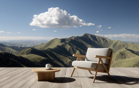 An outdoor scene showcases a wooden chair and small table set against a backdrop of rolling green hills under a blue sky. The composition emphasizes natural light and a sense of serenity. This image is suitable for various commercial purposes, including lifestyle and travel themes.の素材