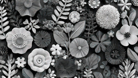 A grayscale arrangement showcases an array of stylized floral and foliar forms. The composition features diverse shapes and textures, with variations in light and shadow. The image's high contrast and detailed rendering suggest a potential for graphic design or artistic projects, offering visual interest for various applications.の素材
