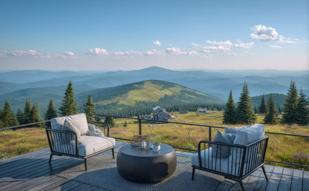 Two chairs and a small table are arranged on a wooden deck overlooking a distant mountain range. The scene features vibrant green hills, blue skies, and scattered trees. The composition utilizes natural lighting and a sense of depth. Suitable for editorial and commercial use, conveying relaxation and leisure.の素材