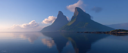 The image captures a scenic view of two mountain peaks mirroring in still water. The composition is simple, featuring soft lighting and a muted color palette dominated by blues and greens. This peaceful landscape could be suitable for various uses, including travel promotions or environmental concepts.の素材