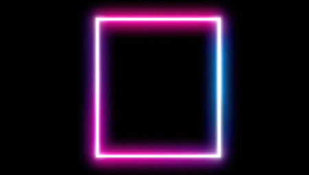 A vibrant neon square frame illuminates a dark backdrop. The frame showcases a gradient of pink and blue hues, creating a glowing effect. The composition is simple and graphic. Suitable for digital design, advertising materials, and various visual projects requiring a modern touch.の素材