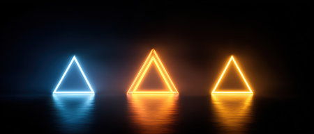 The image showcases three glowing neon triangles in vibrant shades of blue and orange, set against a dark, reflective surface. The composition uses symmetrical balance, creating a clean, modern aesthetic. Suitable for a range of digital media, this imagery may be employed in technology, design, or abstract visual projects.の素材