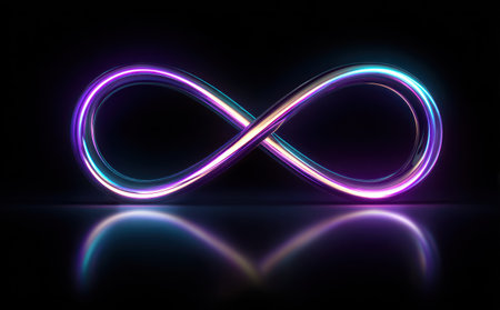 An illuminated infinity symbol glows with neon colors against a stark black background. The design features a smooth reflection, creating a sense of depth and visual interest. Suitable for designs requiring abstract or conceptual themes, the image may be used for various projects.の素材