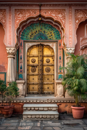 An aged, golden door is the focal point of a detailed facade, adorned with arches and decorative elements. The building, in warm hues, is lit by natural sunlight. Lush greenery in pots flanks the entrance. This image is suitable for various commercial uses, including historical or cultural content.の素材