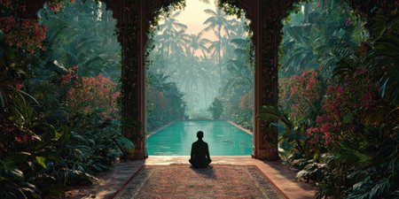 A person is meditating near a turquoise pool, framed by an ornate archway and dense vegetation. The scene features rich greens and muted tones. The composition is balanced and the lighting creates a tranquil atmosphere. This image is suitable for various commercial uses, including travel, wellness, or lifestyle content.の素材
