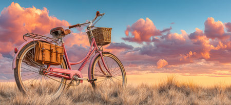 A vintage-style pink bicycle stands in a grassy field with a backdrop of a colorful sunset sky. The scene features warm colors and a soft texture, hinting at a peaceful environment. Suitable for editorial and commercial applications, this image provides a serene visual.の素材