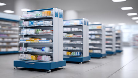 The image showcases an interior view of a pharmacy, featuring rows of shelves filled with various pharmaceutical products. The scene is illuminated by overhead lighting, creating bright reflections. The composition emphasizes a clean, organized aesthetic, with a focus on product display. This image is suitable for commercial applications related to healthcare and medicine.の素材