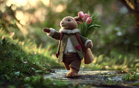 An illustrated rabbit figure, wearing a jacket, carries a bouquet while walking. The soft rendering includes warm hues and blurred background, with shallow depth of field. This conceptual image may be suitable for children's stories, educational materials, or decorative design, ideal for various editorial and commercial applications.の素材