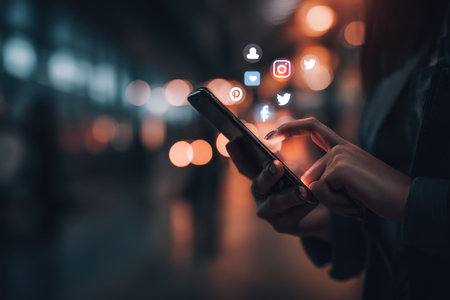 A person is using a smartphone, with social media icons floating above the device. The image features a dark environment with blurred lights in the background. It could be useful for illustrating digital communication or social media themes, and may be suitable for advertising or editorial use.の素材