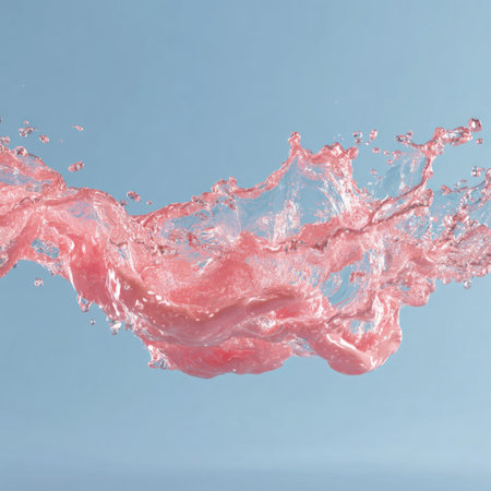 A dynamic splash of pink liquid is captured against a serene light blue backdrop. The image showcases the flowing form with intricate detail, displaying various textures and highlights. It could be used for advertising, design projects, or artistic illustrations, creating an engaging visual.の素材
