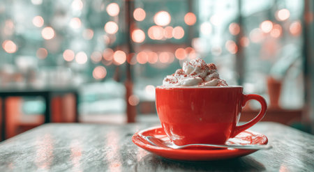 A vibrant red cup filled with a warm beverage topped with whipped cream sits on a wooden table. The image showcases a shallow depth of field, with soft bokeh lights in the background, suggesting an indoor setting. The composition is suitable for illustrating concepts of comfort and refreshment, suitable for various editorial uses.の素材