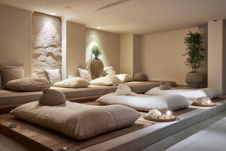An inviting room features multiple cushioned relaxation areas. Neutral tones dominate the space, enhanced by soft lighting and natural textures. Plants add a touch of nature. This setup could be used for promoting wellness services, creating serene visuals or illustrating relaxation concepts.の素材