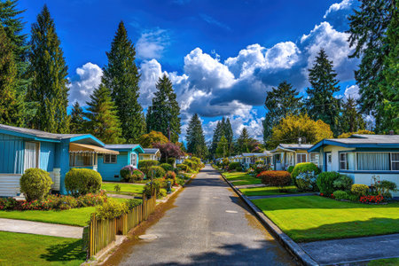 A residential street is depicted with houses and surrounding greenery under a bright blue sky. The image showcases buildings, trees, and shrubs, with a pathway leading the view through the scene. The composition highlights vivid colors and natural light, suitable for diverse uses.の素材